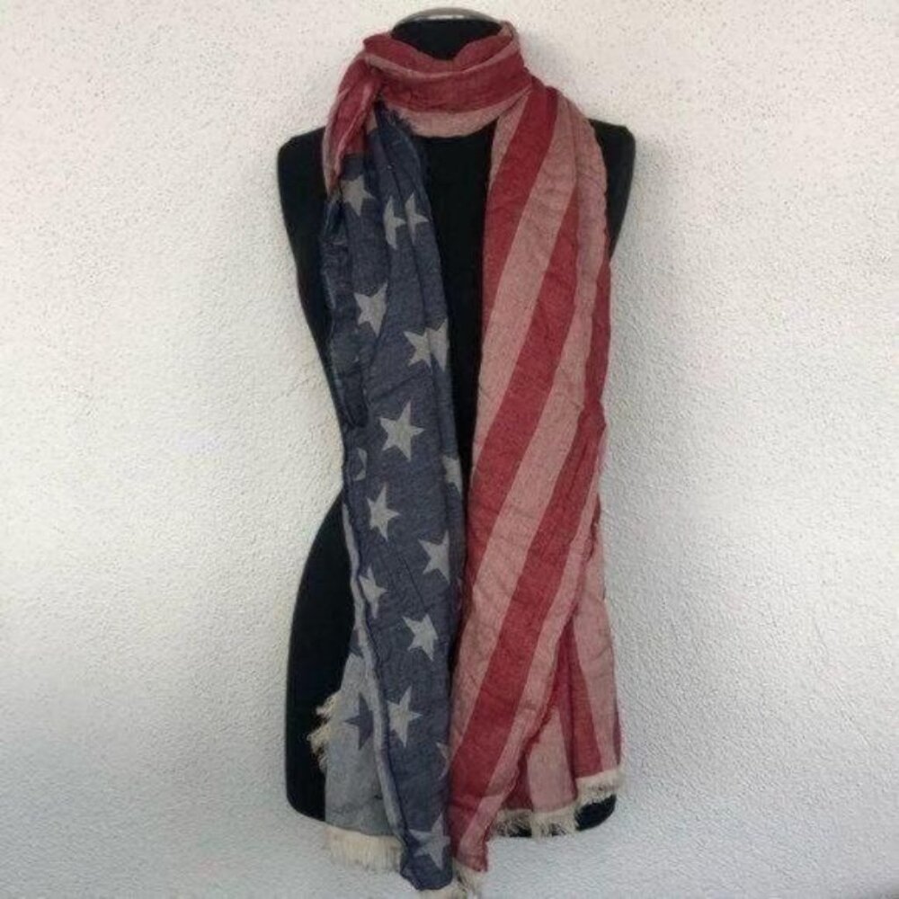 Blue Red & White USA Scarf/ wrap/ Shall With Fringe all around Fourth of July